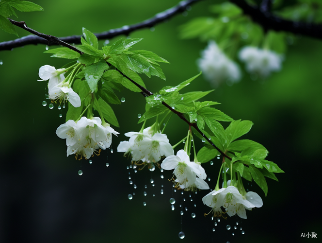 春雨洒在青翠 枝叶上 轻抚嫩花 背景虚化