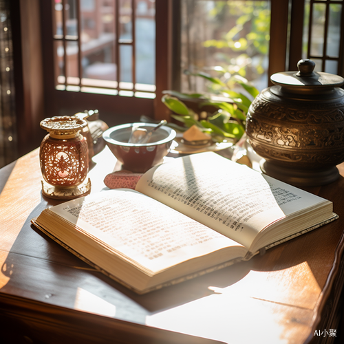 Chinese Calligraphy Book with Wooden Furniture and Sunlight