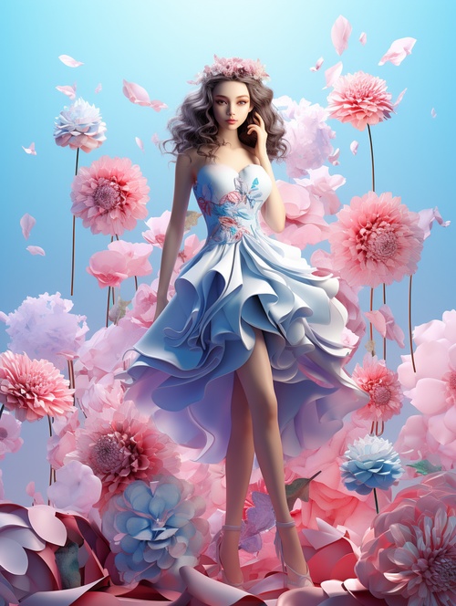 the beauty is standing on the flower, full body ,the facial details are perfect, and the character details are exquisite,trendy fashion clothes, trendy portraits, bright colors, clean background，3D cartoon style rendering,Panoramic view, large aperture,  pop Mart production, delicate gloss,8K gradient translucent glass melt, frosted glass niji 6