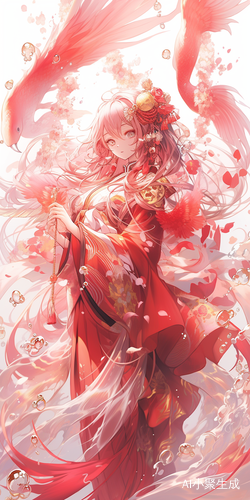 水粉色古风大美女，背后翅膀凤凰环绕，眼神高冷亮晶晶