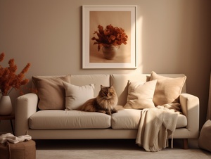 interior design of a living room,neat and clean,warm beige walls, linen sofa,muted green foliage,plush and cream-colored share rug on the floor, textured throw pillows in shades of brown and rust,a fluffy little cat streches