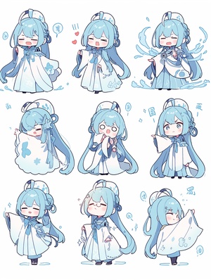 小女孩，淡蓝色汉服，古典精致，全身图，chibi，9种姿势和表情，emoticons[头晕、高兴、生气、哭泣、悲伤、可爱、期待、大笑、失望和害羞、困倦、吃饭、头晕、表达爱意，等]，线条艺术，贴纸艺术，白色背景