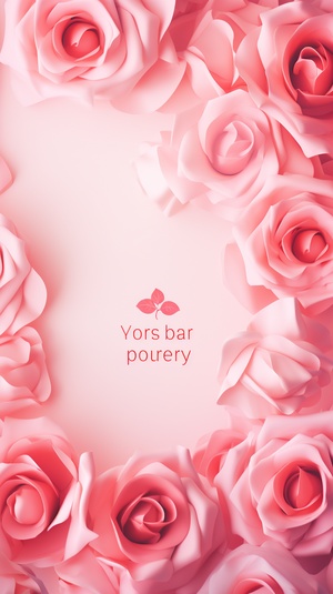 The overall style of the poster is light pink, with an abstract rose petal background. The upper part is titled "Happy Women's Day". The title is thick and design-like. The lower part uses a bouquet of red roses as the blurred focus. The 50mm lens is a realistic photography style ar 9:16