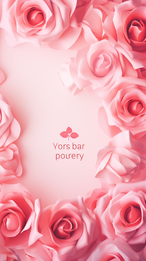 The overall style of the poster is light pink, with an abstract rose petal background. The upper part is titled "Happy Women's Day". The title is thick and design-like. The lower part uses a bouquet of red roses as the blurred focus. The 50mm lens is a realistic photography style ar 9:16