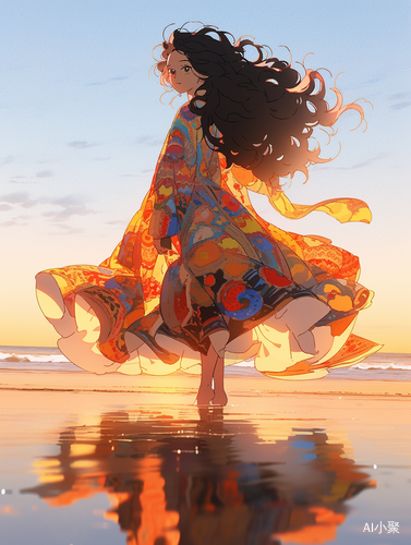 Chinese woman with long curly hair flying on Hawaii beach