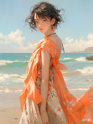 Chinese Woman in Silk Dress Flying on Beach in Hawaii