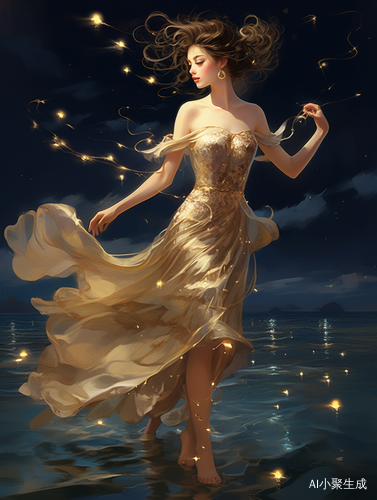 Hand-painted Girl Walking on Sea: Delicate Features, Dynamic Movements, Starlight