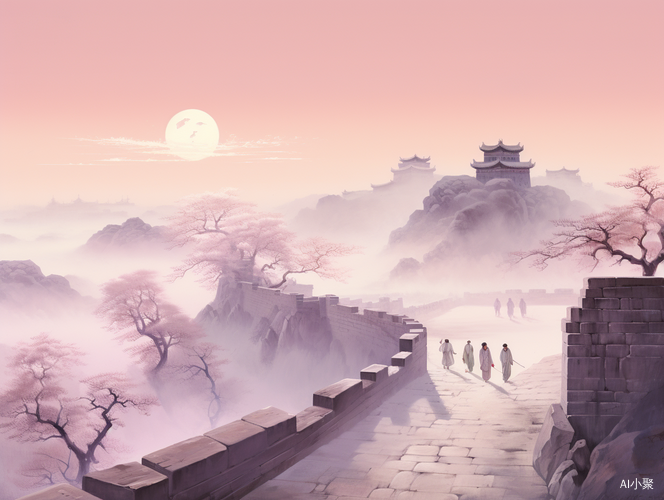 A Group Walking on Ancient City Wall in Traditional Chinese Style