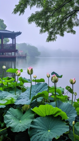 杭州西湖，断桥，下雨天，烟雨蒙蒙，湖水，水上有荷花，超高清