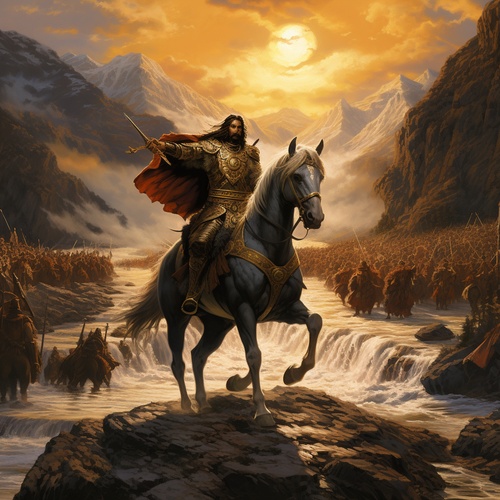 An ancient China general on a beautiful horse leading his troop in a golden mountain road near a river The general is on his way to fight his enemy.