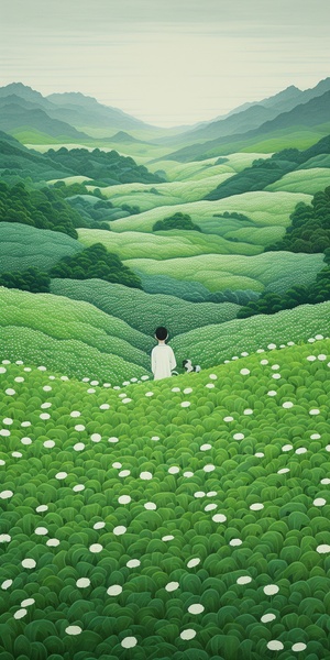 a small man sits on a lush green field, in the style of stasia burrington, maranao art, joong keun lee, vivid dreamscapes, dotted, monochromatic white figures, iwona lifsches