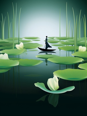 Chinese fashion poster design for a magazine,a boat surrounded by Lotus and Lily Pads,in the style of eiko ojala,serene atmosphere,light black and green,colorful animation stills,blurred forms,doug hyde,atmospheric tonalities,