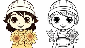 On the left,a black and white simple children's coloring book illustration featuring a sunflower girl with no shading,with a white background.On the right,the same illustration with color.style rawsref res.vekun.comuploadsIMG_1858-1707133037921.JPG stylize 250