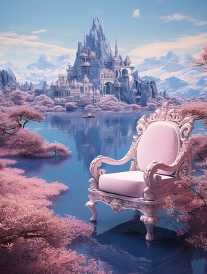 a chair and flowers are beside a lake surrounded by buildings, in the style of baroque sci-fi, light pink and blue, hyper-realistic pop, pop inspo, lively tableaus, mountainous vistas, dream-like scenes