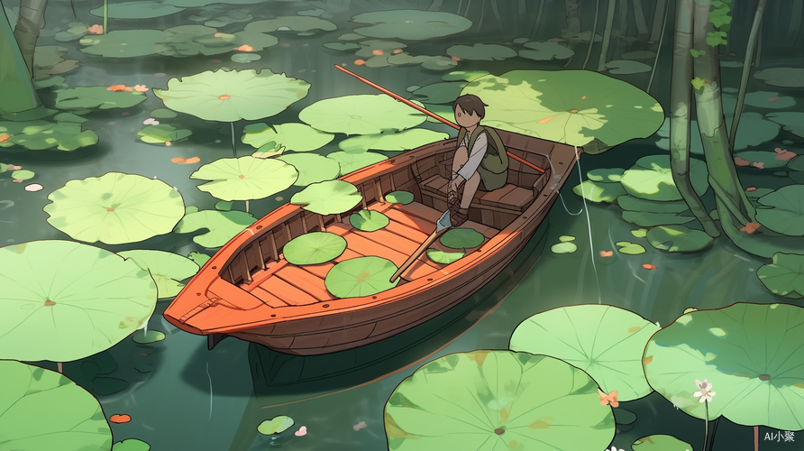 Miniature Girl Paddling in a River Among Giant Lotus Leaves