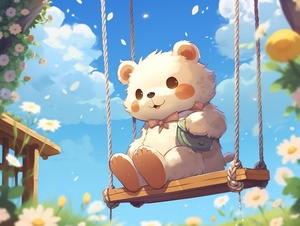 there is a cartoon bear that is sitting on a swing, kawaii cute dog, cute detailed digital art, afternoon hangout, kawaii cat, cute detailed artwork, cute art style, seasons!! : 🌸 ☀ 🍂 ❄, kawaii aesthetic, anime visual of a cute cat, background art, summer afternoon, cottagecore!!, bubbly scenery, kawaii japanese style, detailed fanart