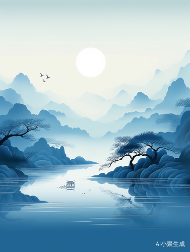国画山水洒金楼阁靛蓝映山