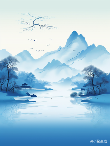 国画山水洒金楼阁靛蓝映山