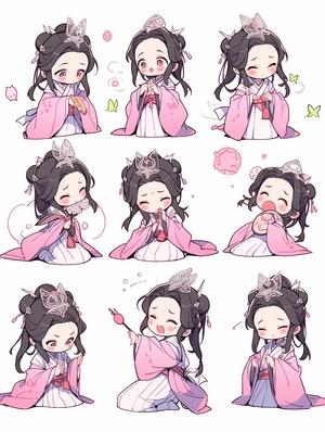 小女孩，淡粉色汉服，古典精致，全身图，chibi，9种姿势和表情，emoticons[头晕、高兴、生气、哭泣、悲伤、可爱、期待、大笑、失望和害羞、困倦、吃饭、头晕、表达爱意，等]，线条艺术，贴纸艺术，白色背景，荷花