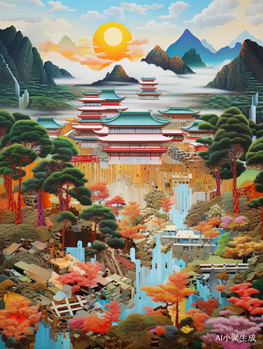 中国山水: 金镶玉, 黄绿山横, 蓝顶红亭