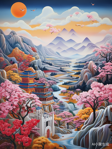 中国山水: 金镶玉, 黄绿山横, 蓝顶红亭