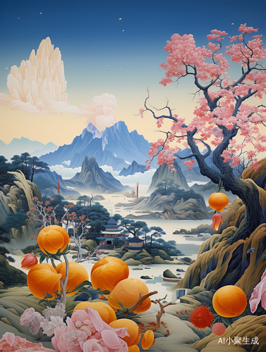 中国山水: 金镶玉, 黄绿山横, 蓝顶红亭