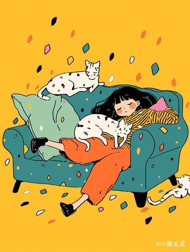 A Little Cute Girl with a Cute Cat: Keith Haring Style Doodle