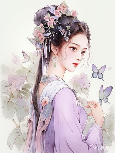 中国甜美女子的彩色头饰插画
