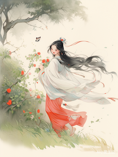 中国甜美女子在树下奔跑的情景