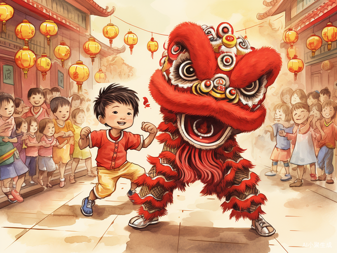 舞狮功夫明信片——简笔画风格，卡通化的四年级作品