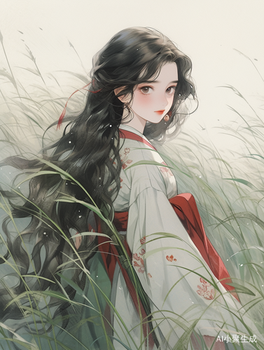 黑发女孩在海边穿红白汉服，浅绿浅蓝背景下，奈良吉托风格的超高清细节水墨画