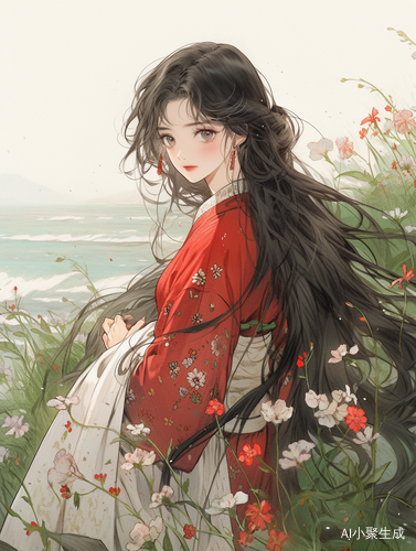 黑发女孩在海边穿红白汉服，浅绿浅蓝背景下，奈良吉托风格的超高清细节水墨画