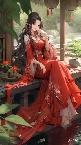 Chinese Girl in Red and Gold Ancient Style Dress on Wooden Deck