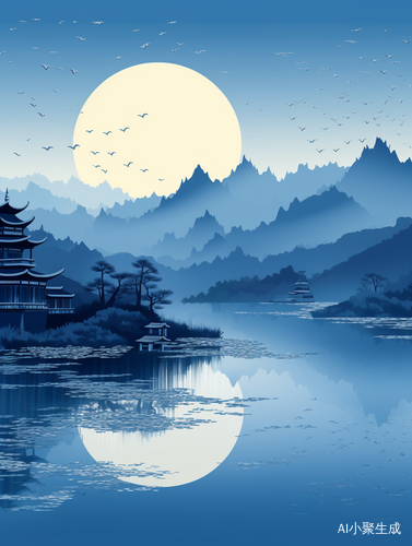 国画山水洒金楼阁 靛蓝映山