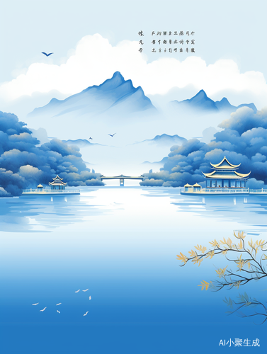 国画山水洒金楼阁 靛蓝映山