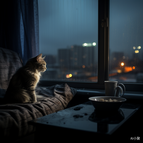 猫咪独自坐在沙发上望向窗外的阴暗夜景