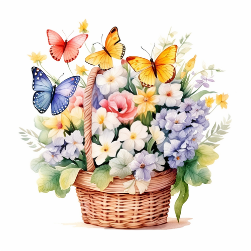 白底春天花卉蝴蝶花瓶和花篮水彩插画