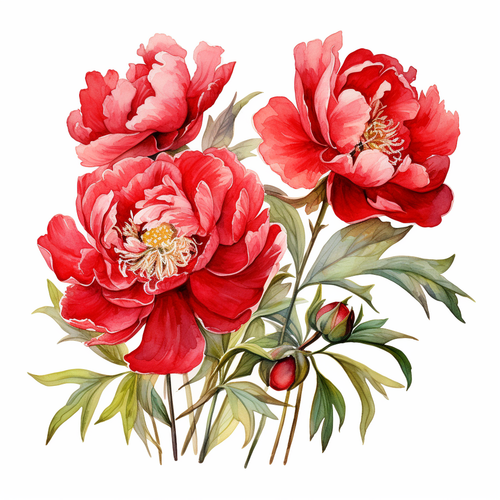 白底红色牡丹花丛插画水彩