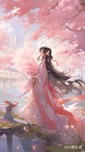 粉衣女孩在桃林湖畔赏花
