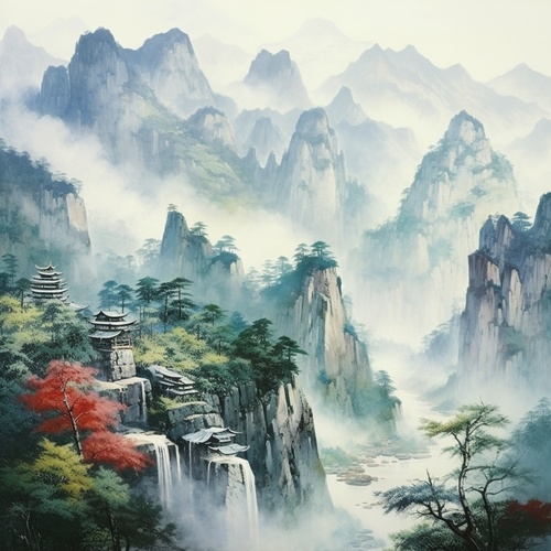 山水中国画，白天山间风景，