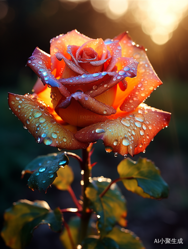 Colorful Rose with Dew on Petals in Morning Light