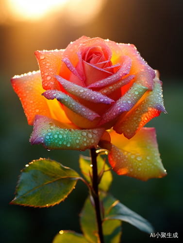 Colorful Rose with Dew on Petals in Morning Light