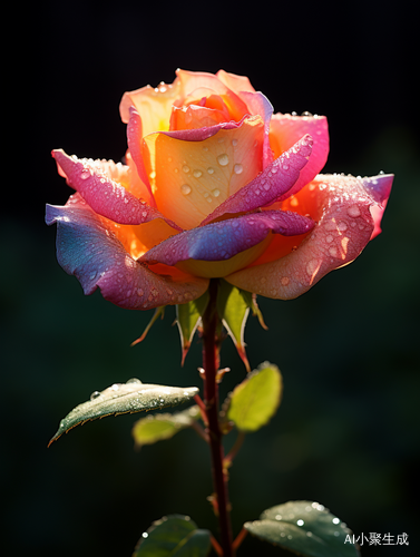 Colorful Rose with Dew on Petals in Morning Light