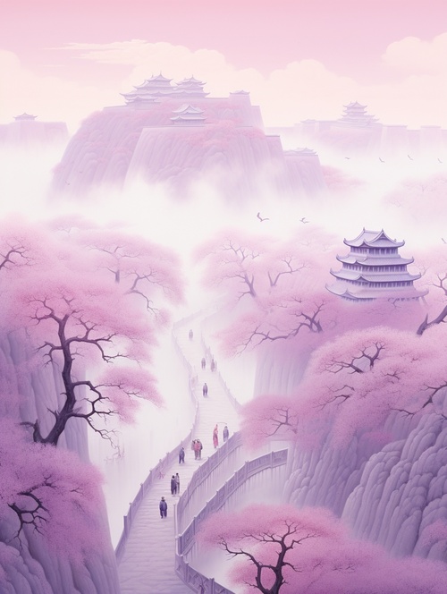 A group of people walking on the ancient city wall, in the style of traditional chinese landscape, light magenta and light pink, kazuo koike, mist, illustration, fanciful landscapes, dansaekhwa, light green and white, und image, li shuxing, soft, dreamy landscapes ar 9:16