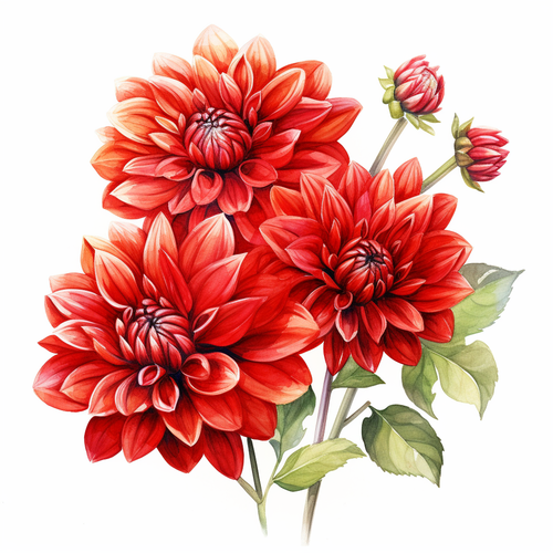 白底红色大丽花花丛水彩插画