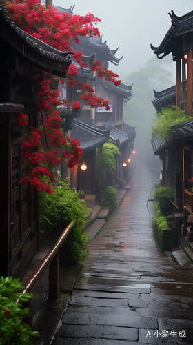 古镇街景，烟雨朦胧，树枝摇曳，绿意盎然