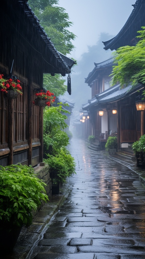 古镇街景，烟雨朦胧，树枝摇曳，绿意盎然中点缀这大片花朵，青石板路蜿蜒曲折