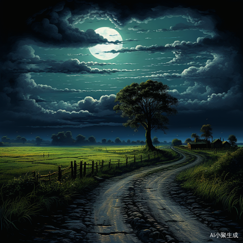 夜晚的农村田野与明亮的小月亮