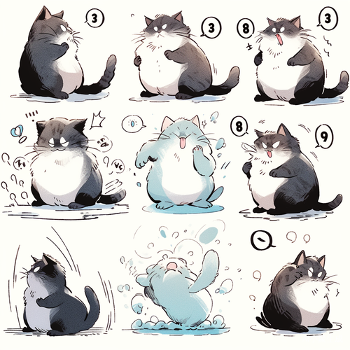 Nine poses and expressions of a cute cat in KeithHarlem's graffiti style