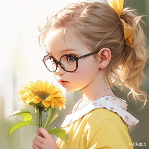 戴着眼镜的小女孩扛着向日葵